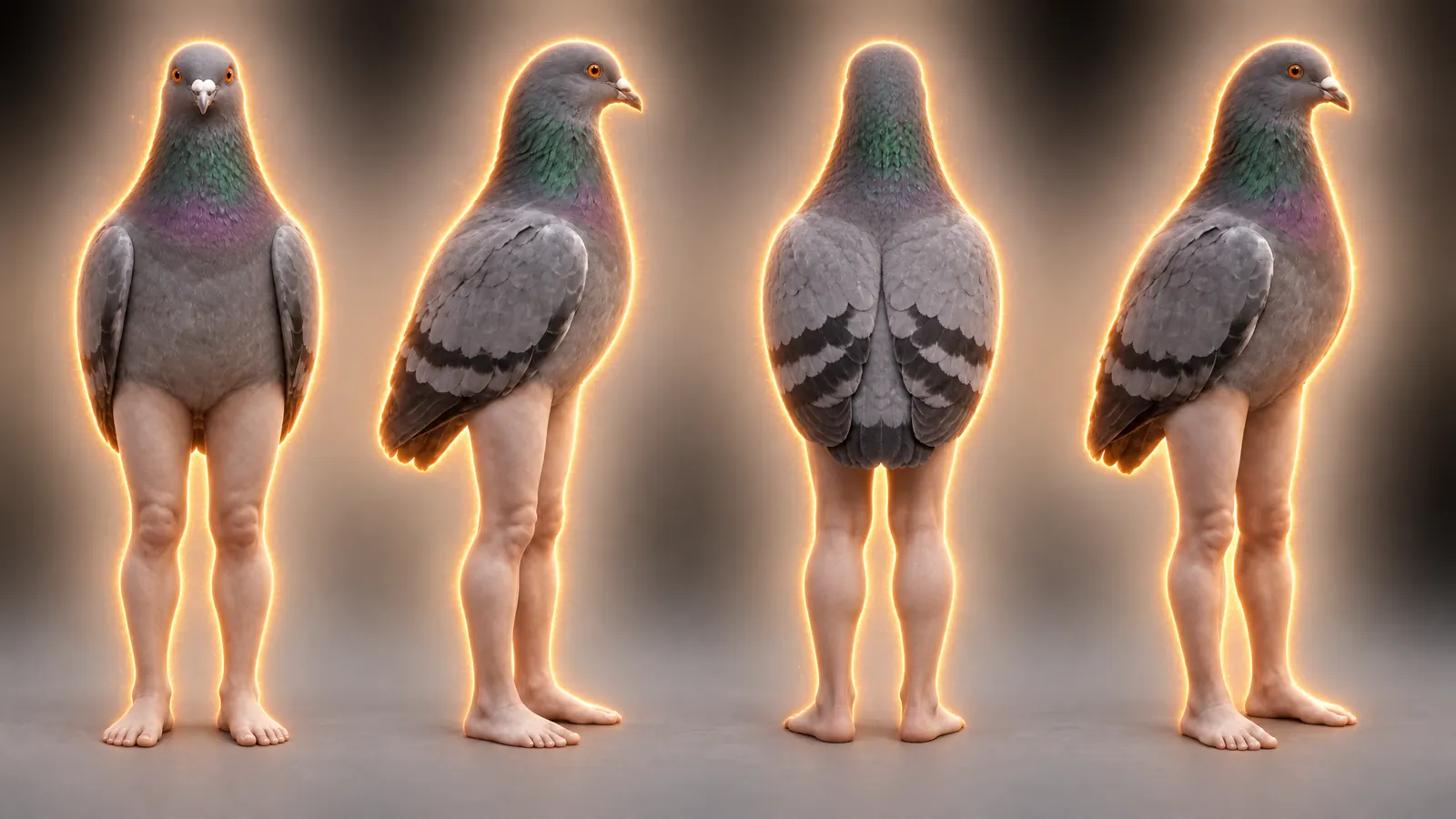 PIGION turnaround: front, side, back and three-quarter views of a pigeon standing on human legs
